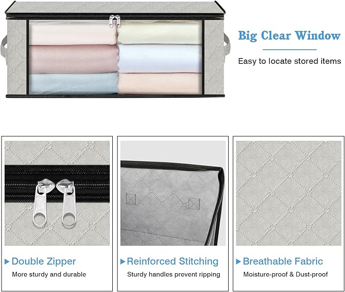 HomeHacks Storage 3-Pack Clothes Organizer Storage Bags Foldable Storage Box with Large Clear Window Sturdy Handles for Closet, Dorm, Pillows, Bedding, Clothes, Blankets, 35L, Ivory