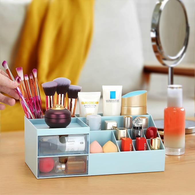 LETURE Desk Organizer, Cosmetic Makeup Vanity Organizer Box, Bathroom Counter Makeup Storage for Eyeshadows, Skin Care, Concealers, Powders, Nail Polish (Blue)