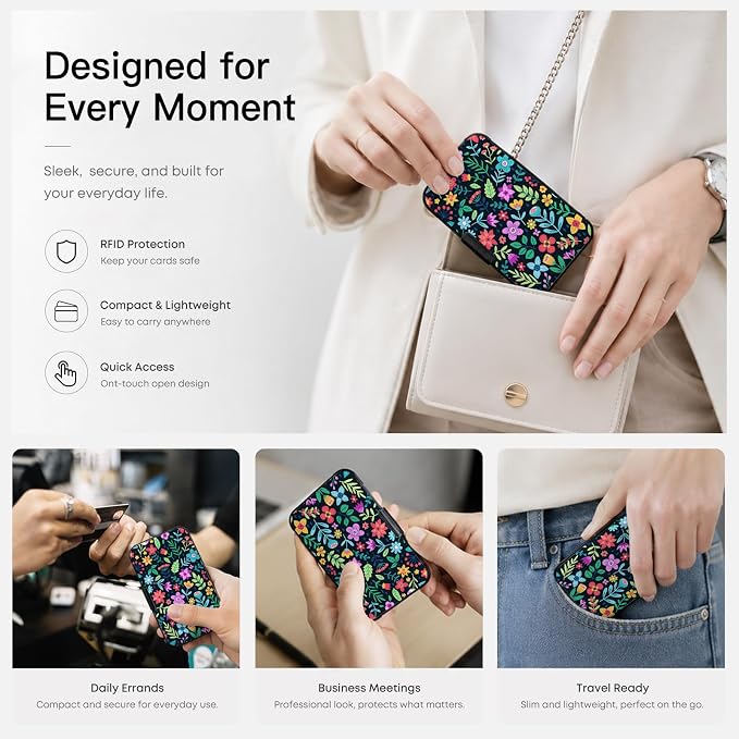 Credit Card Holder RFID Aluminum card case Red Floral mini Wallet Women Men | ABS Business ID Case,Hard Case Large Capacity 6 Slots, Waterproof Durable ，Secure Closure Slim Small Credit Card Protector