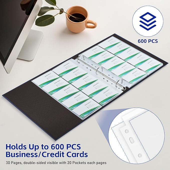 BYSTER 30 Pack 600 Pockets Business Card Sleeves Binder Sheets, Ultra-Clear Business Card Pages for 2/3/4 Ring Binder, Double Sided 10 Pocket Credit Card Pages