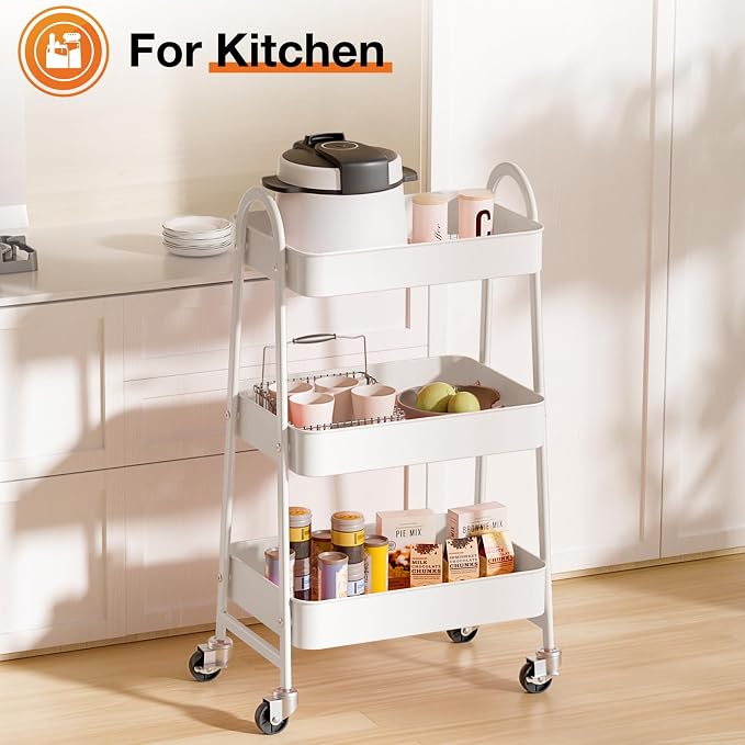 NEWBULIG 3-Tier Metal Rolling Cart with Lockable Wheels, Heavy Duty Mobile Utility Storage Shelf, Roller Book Snack Cart, Organization for Livingroom, Bathroom, Office, White