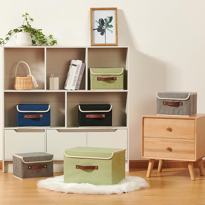 Storage Boxes with Lid Cotton Linen Fabric Storage Bins Organizer Container Decorative Collapsible Washable Shelf Baskets Faux Leather Handles for Home Bedroom Closet (Deep Blue, Large)