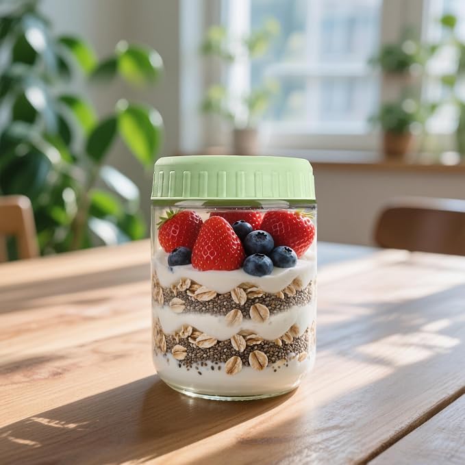 SHOWIN Overnight Oats Containers with Lids, 16oz Glass Jars with Lids 2 pcs, Light Green, Wide Mouth Mason jars for Salad, Yogurt, Snacks, Meal Prep