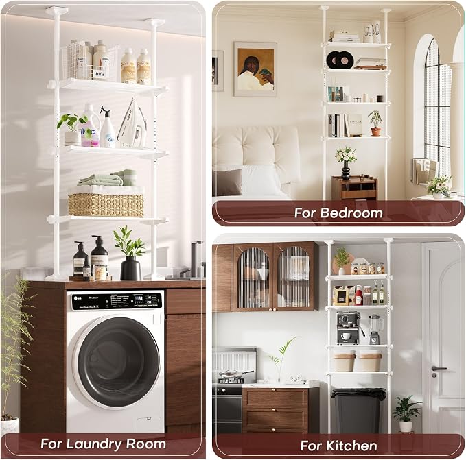 Goovilla Over The Toilet Storage Shelf, 4 Tier Bathroom Organizer Shelves with 64-124inch(H) 15-27inch(W) Adjustable No Drilling Tension Mounting, White Space Saver Bathroom Shelf Rack Above Toilet