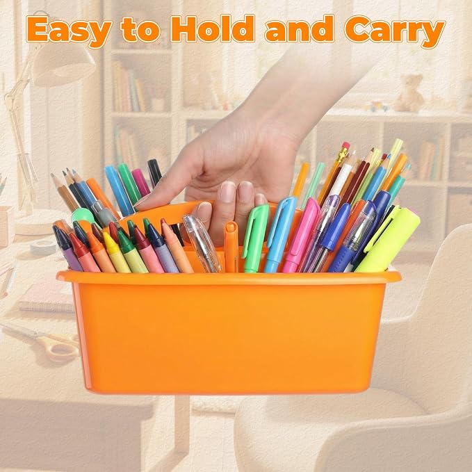 Kathfly 4 Pack Classroom Caddy Organizer with Handle, Plastic Art Craft Cleaning Caddy Bulk, Small Multipurpose Supply Organization Storage Basket for Table Desk Office Pencil Teacher (Blue Orange)