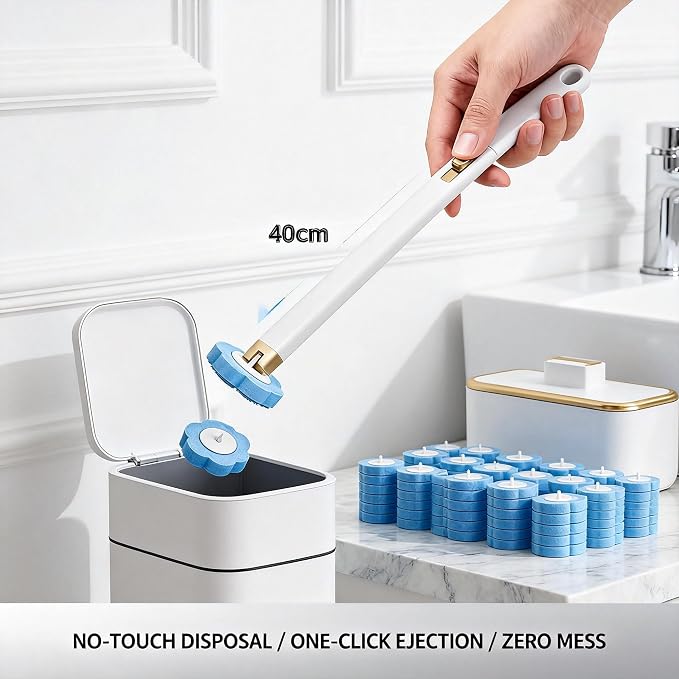 Disposable Toilet Brush with 54 Refills Holder Wall Mount Scrub Kit | Built-in cleaner, Ergonomic wand, Long handle, No wash,Click-discard, 2x Adhesive Sheet‌