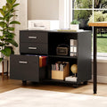 VINGLI 3 Drawer Wood Lateral File Cabinet with Adjustable Shelves & Locking Wheels, Printer Stand with Drawers for Letter Size Files, Sturdy Black File Cabinets for Home Office, Study & Business
