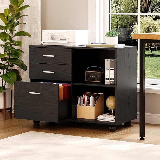 VINGLI 3 Drawer Wood Lateral File Cabinet with Adjustable Shelves & Locking Wheels, Printer Stand with Drawers for Letter Size Files, Sturdy Black File Cabinets for Home Office, Study & Business