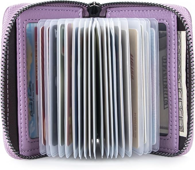 Suweibuke Genuine Leather Credit Card Holder Zipper Wallet RFID Blocking Secure Card Case ID Case Organizer (Light Purple)