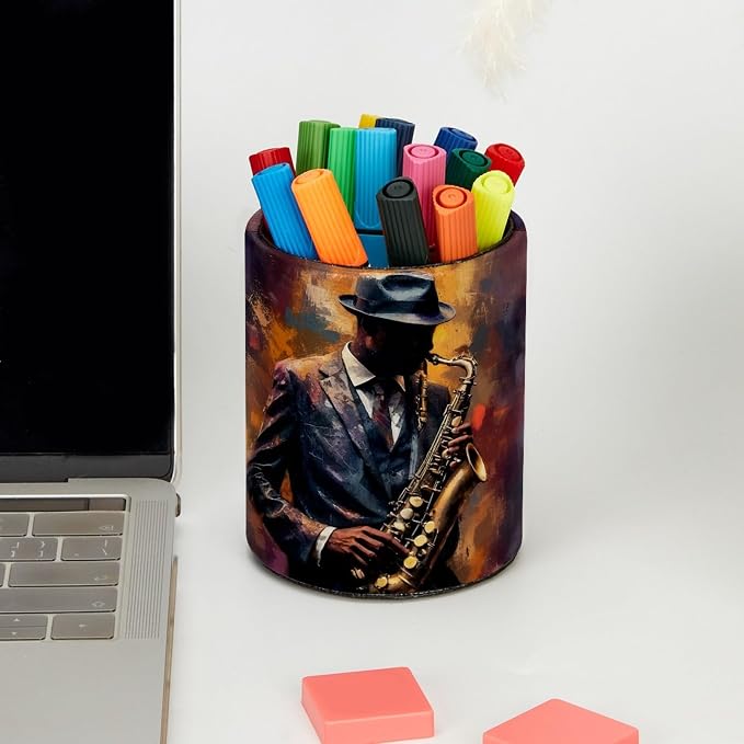 Gentleman Playing the Saxophone Pen Holder Pencil Organizer for Desk, 3.1” x 3.1” x 3.9” Pencil Cup Office Supplies, Large Capacity Cute Pen and Makeup Brush Holder for Home, School, Desktop