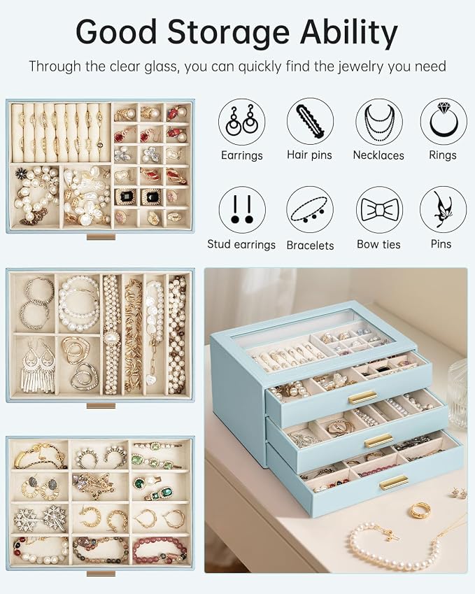 AKOZLIN Jewelry Box with Clear Lid Functional Leather Jewelry Storage Organizer Case 3 Drawers for Women Girls Necklace Ring Bracelet Earring