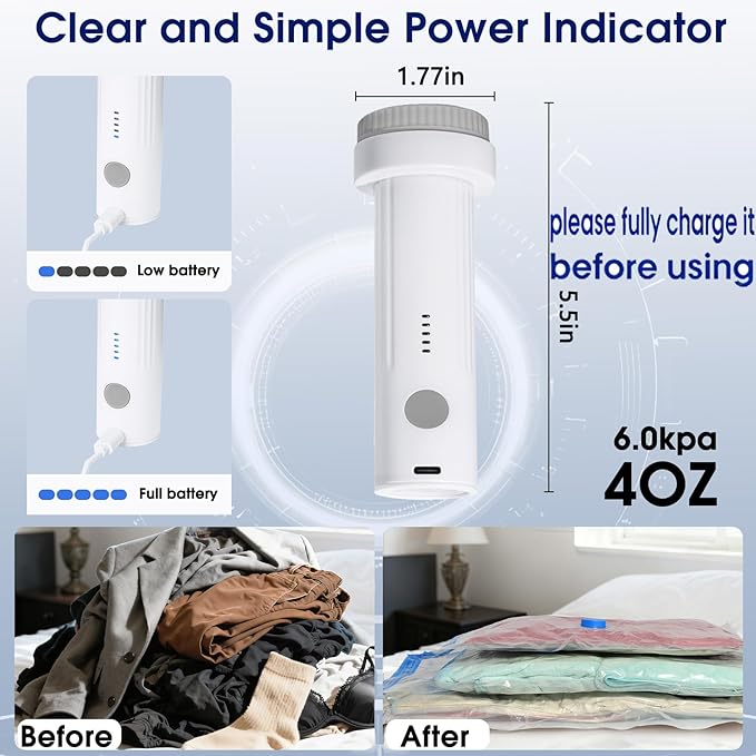 6.0Kpa Cordless Electric Vacuum Pump for Storage Bags, USB Rechargeable Portable Vacuum Sealer for Travel Air Pump Compression Bag Pumps for Clothes Blankets Bedding, Grey (No bags)