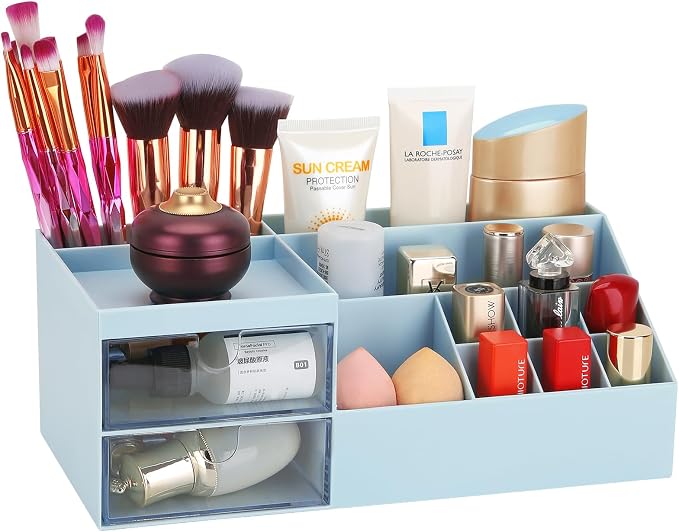 LETURE Desk Organizer, Cosmetic Makeup Vanity Organizer Box, Bathroom Counter Makeup Storage for Eyeshadows, Skin Care, Concealers, Powders, Nail Polish (Blue)