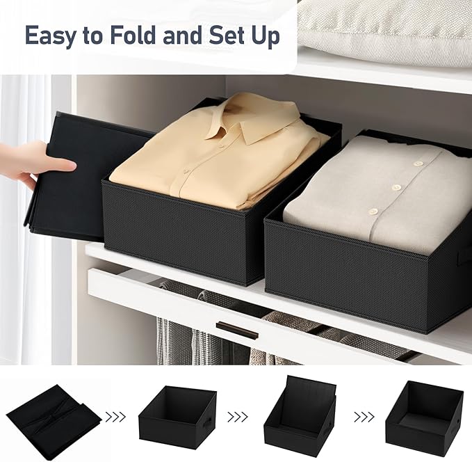 DIMJ Trapezoid Storage Bins for closet shelves, Closet Organzier Bins with Handle, Foldable Closet Storage Bins Basket, Closet Organizers and Storage for Toys, Books, 6 Packs, Black
