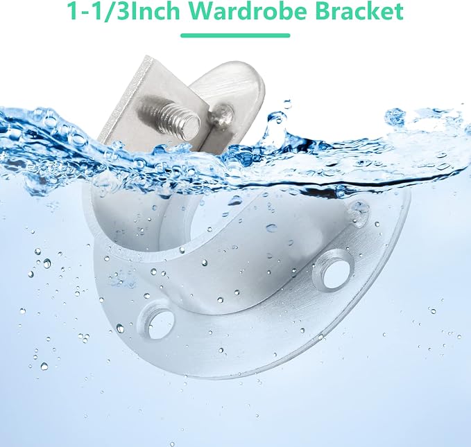4PCS Closet Rod Bracket 1-1/3 Inch Diameter, Silver | Heavy Duty, Stainless Steel, U Shaped Rod End Supports, Round Rod Socket Flange