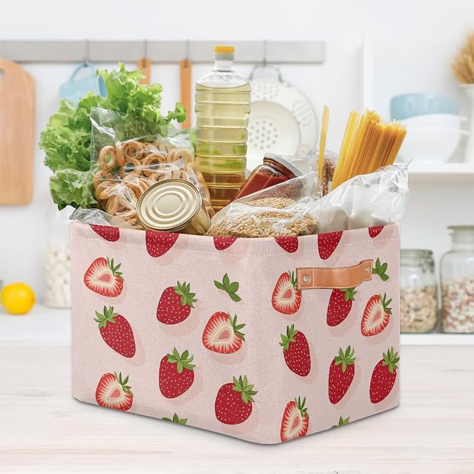 Rectangle Storage Baskets for Shelves, Cute Strawberries Pattern Storage Cube Organizer Bins Collapsible Toy Basket for Nursery Home Room