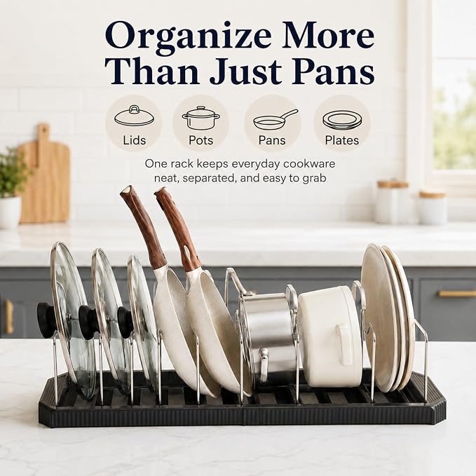 Pots and Pans Organizer Under Cabinet, Adjustable Pot and Pan Organizer Rack, 7 Stainless Steel Dividers, Pot Lid Organizer for Cabinet, Expandable Pan Organizer for Pots, Pans, Lids, Plates Black