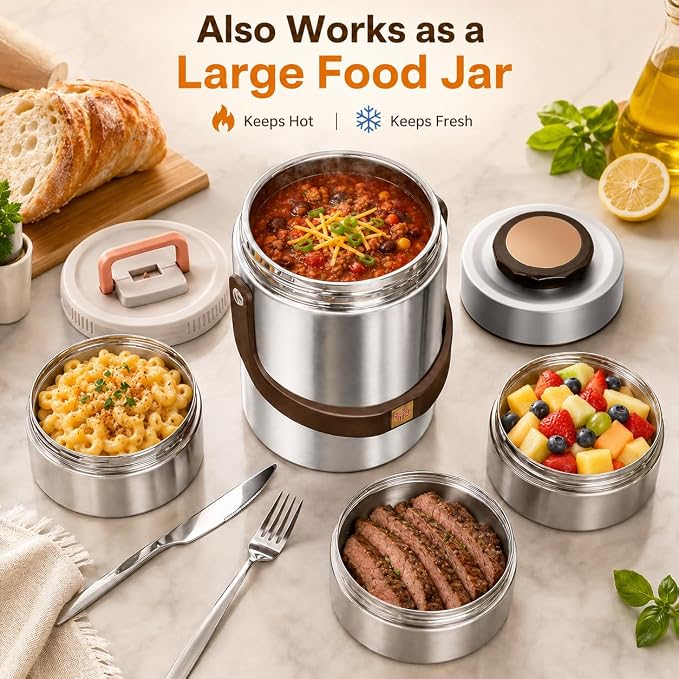 67oz Upgraded Thermos for Hot Food, 3-Layer Stackable Food Thermos, Soup Thermos Jar with Insulated Bag, Ideal for Office, Outdoor Meals, and Various Occasions (67 oz Silver)