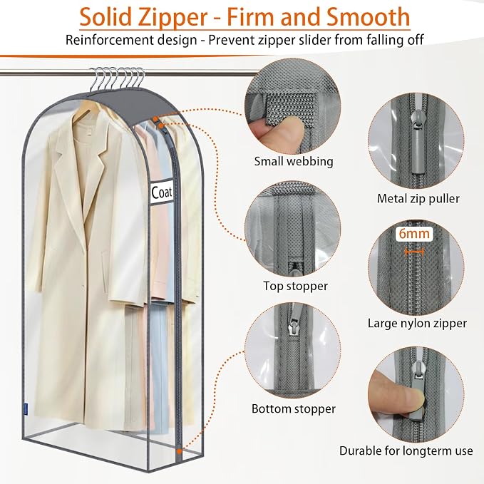 Clear Garment Bags for Hanging Clothes 10" Side Gusset, Suit Bags for Closet Storage, Suit Cover for Shirts Coats Dresses (24"X52"X10" 3Pack)