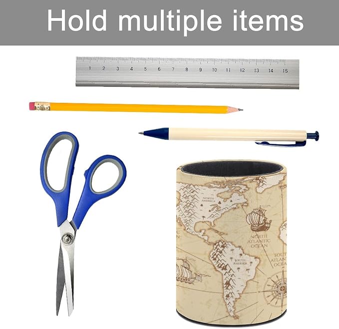 Vintage World Map Pen Holder Pencil Cup for Desk Organizer | Cute Makeup Brush Holder PU Multifunctional Office Suppliesfor Decor Home Classroom School