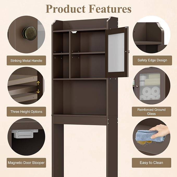 ZENY Over The Toilet Storage Cabinet, Bathroom Organizer with Adjustable Shelf and Double Doors, Freestanding Bathroom Space Saver Toilet Rack (Brown)