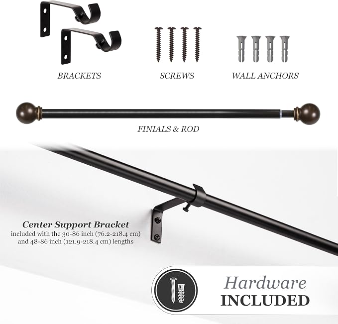Kenney Chelsea Ball End Window Curtain Rod, Adjustable 28-48 Inch Extendable Rod Set, Oil Rubbed Bronze