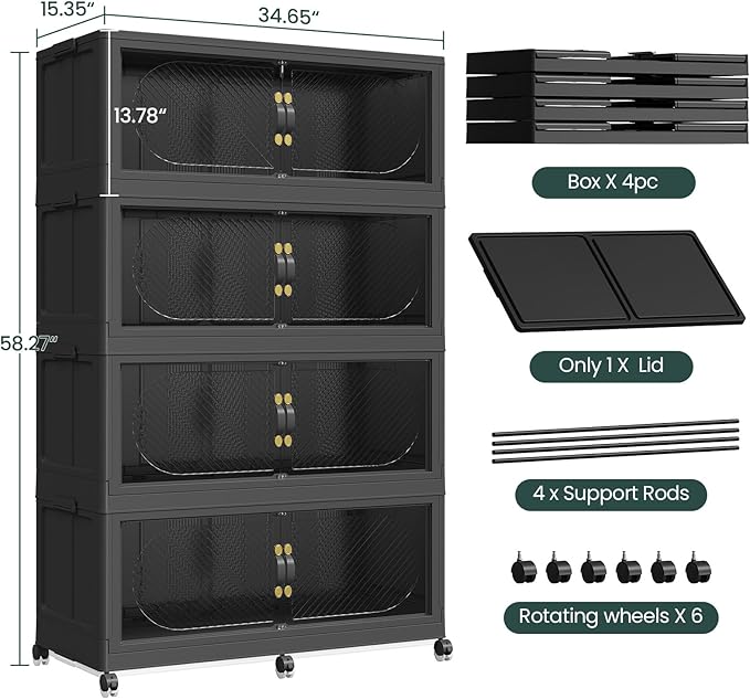 960QT Extra Large Stackable Storage Bins with Lid & Wheels & Doors, 240Gal Foldable Collapsible Closet Organizers, Plastic Cabinet Box Container Drawer for Home Kitchen Bedroom, 4Pack Black