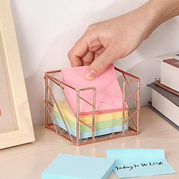 BTSKY Metal Sticky Note Holder, 3x3 Inch Post It Note Dispenser, Modern Memo Cube Holder Desk Organizer for Office & Home, Iron Sturdy Desktop Sticky Note Storage, Rose Gold