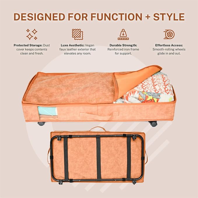 Premium Vegan Leather Under Bed Storage with Wheels | Low Profile Rolling Storage Box with Metal Frame | Pull-Out Underbed Organizer for Clothes, Shoes & Books | Space-Saving Storage Solution