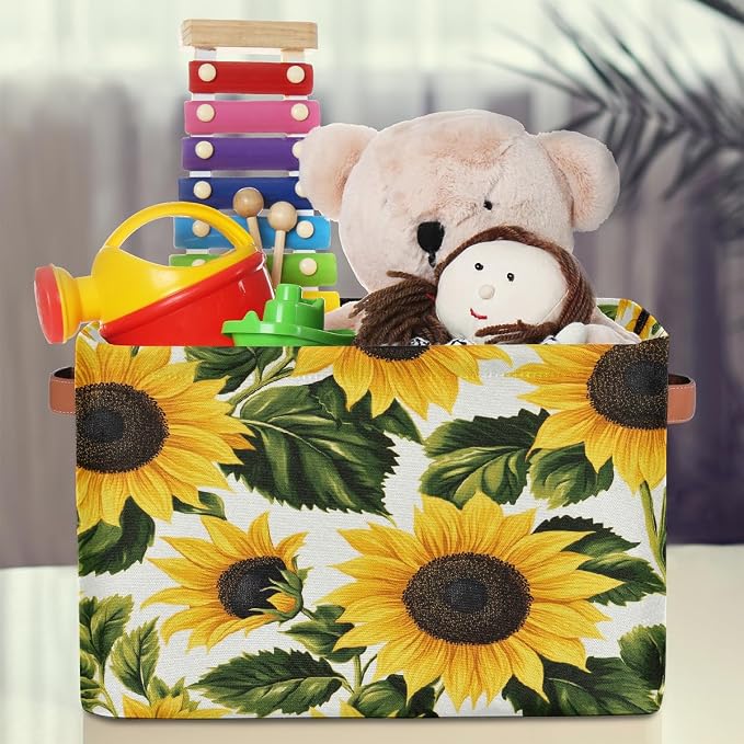 Rectangle Storage Baskets for Shelves, Bright Sunflower Print Storage Cube Organizer Bins Collapsible Toy Basket for Nursery Home Room