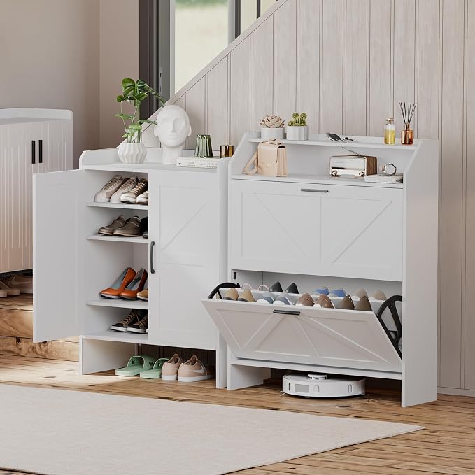 Mericonia Farmhouse Shoe Cabinet with 2 Flip Drawers, Shoes Storage Cabinet, Freestanding Shoe Rack Organizer for Entryway, White