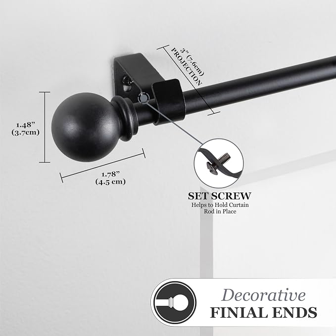 Kenney – Chelsea Curtain Rod, Durable 5/8" Steel Rod with Decorative Ball Ends, Adjustable 30–86" for Light to Medium Weight Curtains, Black