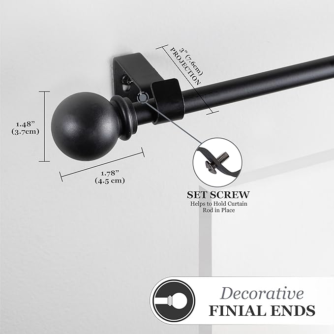 Kenney Chelsea Ball End Window Curtain Rod, 28-48" Adjustable, Black, 2 Pack