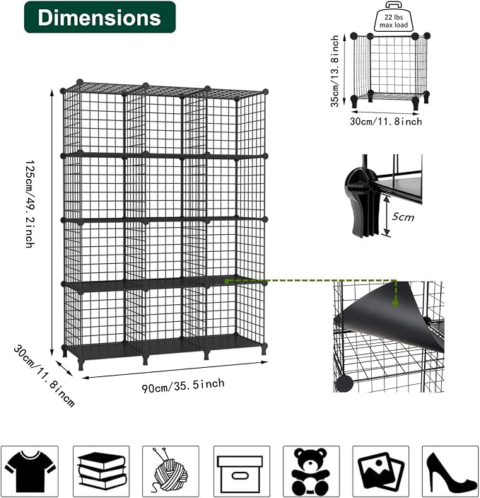 AWTATOS Wire Cube Storage, Closet Organizer, 12 Cube Storage Shelf, Black | Metal Cube Storage Shelves Bookshelf, Portable Closet Clothes Organizer, Wire Shelving for Bedroom, Home, Office