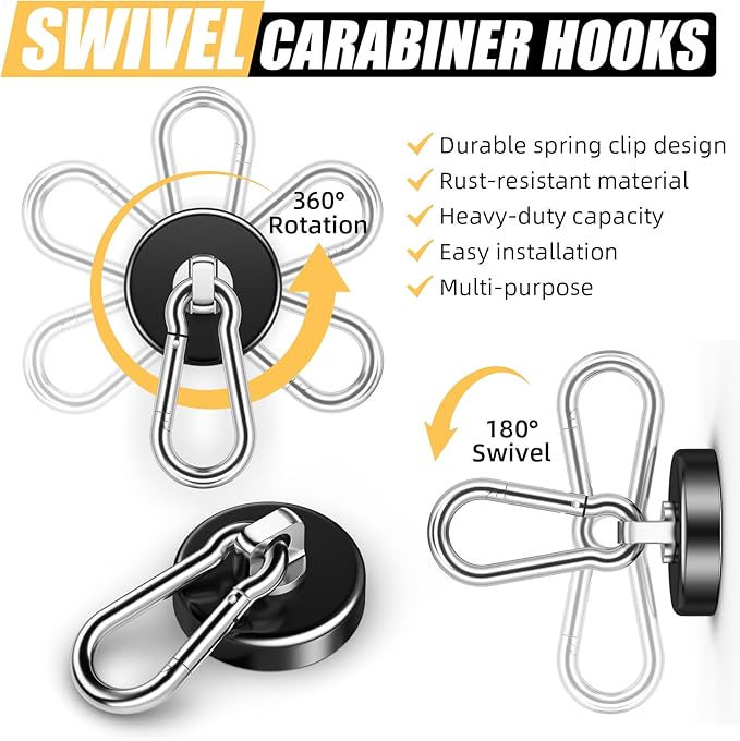 FINDMAG Strong Magnetic Hooks, 100LBS Neodymium Magnet with Swivel Carabiner Hook, Cruise Ship Essentials, Heavy Duty Magnetic Hooks for Hanging, Garage, Kitchen, Grill, Office -12 Pack