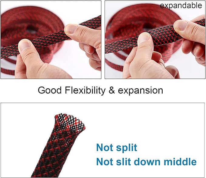 100ft - 1/4 inch PET Expandable Braided Sleeving – BlackRed – Alex Tech Braided Cable Sleeve