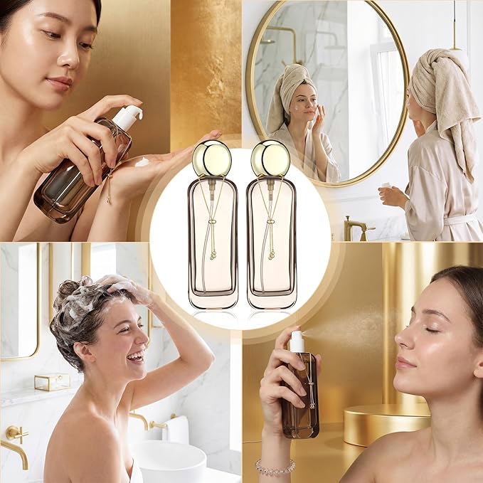 4 Pcs 4oz Luxury Glass Bottles with Pump Glass Toner Bottle with Gold Chain Perfume Spray Bottle Travel Lotion Vial with 2 Plastic Pump Head 2 Spray Head for Cosmetic Toner(Brown)