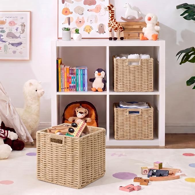 Cotton Rope Cube Storage Basket, 11 Inch Foldable Cubby Organizer Bins with Handles, Handwoven Square Basket for Organizing, Cube Closet Storage Bins for Shelves, Home Decor (Khaki)