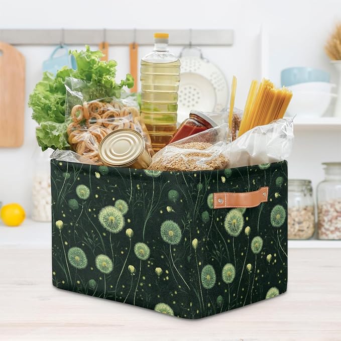 Rectangular Storage Baskets Dark Green Glow Dandelion Print Fabric Storage Bin Toy Organizer Box with PU Leather Handles for Room Decor