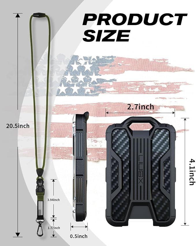 LIUGX Badge Holder with Breakaway Lanyard, Carbon Fiber-Texture, 6 Cards | American Flag, Quick Release Detachable Buckle, Metal Clip, Heavy Duty ID Card Holder, for Work, Office, Easy to Use, Green