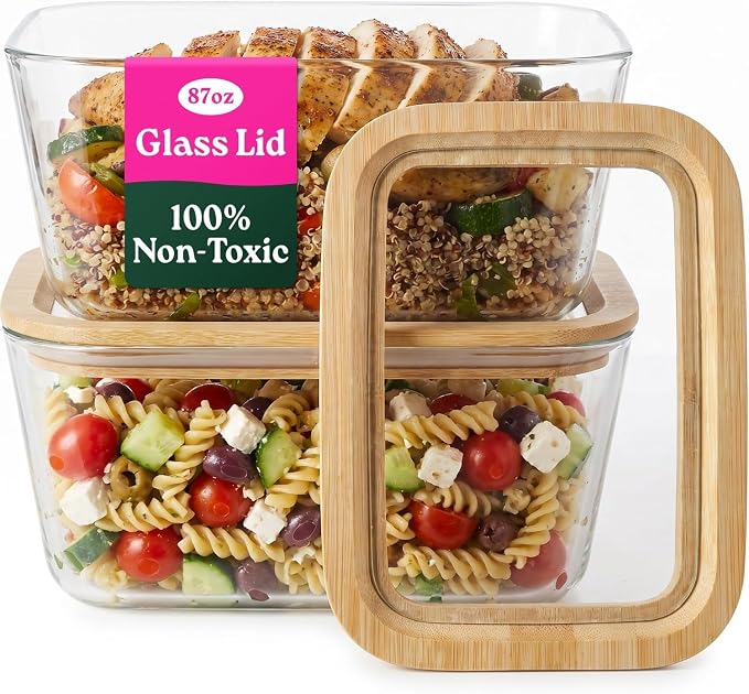 Large Glass Food Storage Containers with Clear-Top Bamboo Lids – 87Oz 2 Pack Plastic Free Glass Meal Prep Containers for Lunch, Eco Friendly Airtight Food Storage, Microwave & Oven Safe (87.7 Fl Oz)