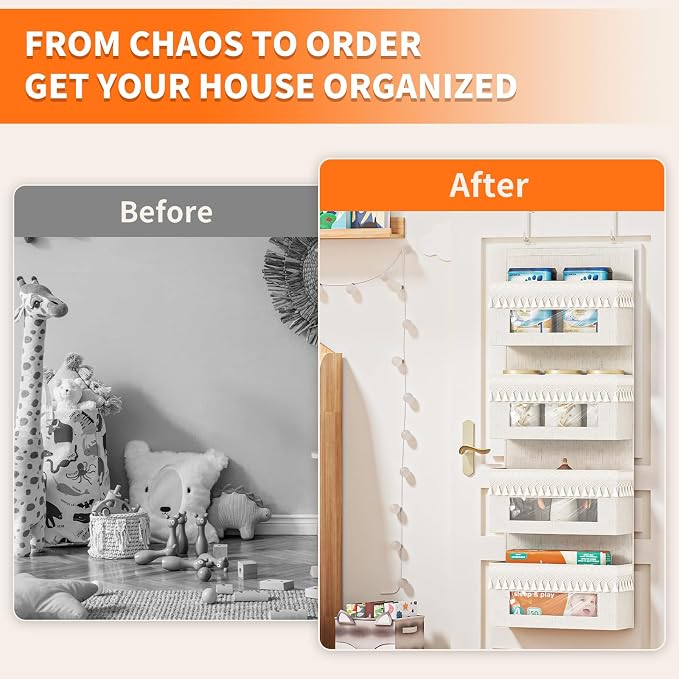 Aokeyee 4 Tier Over Door Organizer Nursery with Tassels and Clear Window | 55lb Boho Door Organizer Hanging, Behind the Door Storage for Bedroom Bathroom