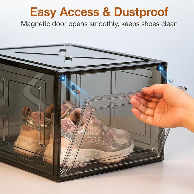 Translucent Black Shoe Storage Boxes, 2026 2nd Gen Thickened Hard Plastic Stackable Organizer with Magnetic Door, Folding Shoe Racks for Closet, Premium Sneaker Display Cases, 6 Pack