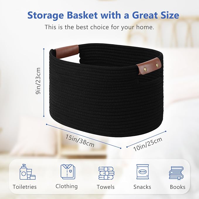 ECDYQXVU 15x10x9 Black Woven Cotton Rope Storage Basket Handles 2 Pack | Foldable Design, Leather Handles, Easy to Clean Organizer for Living Room, Closet, Shelves, Bedroom, Laundry, Clothes