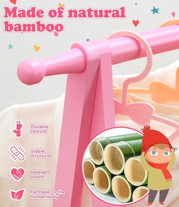 Kids Clothing Rack with Storage, Dress Up Rack, Child Clothes, Small Garment, for Costume, Bamboo (Pink)