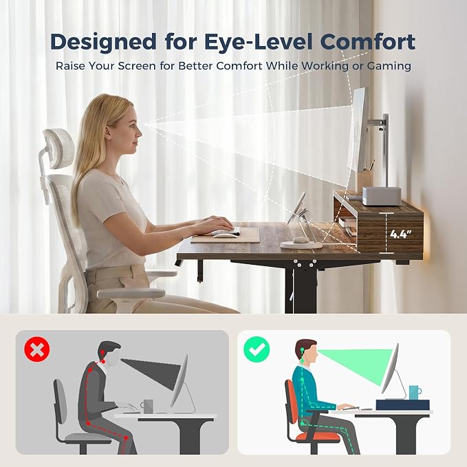 Klicelor Electric Standing Desk with Shelf, 48 Inch Height Adjustable Desk with Power Outlets & LED, Sit Stand Up Table with Monitor Stand, Computer Workstation for Home Office, Dark Walnut