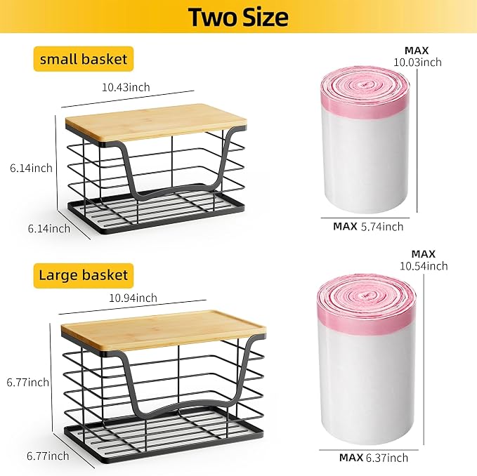 ALOCEO 2 Pack Stackable Wire Storage Basket with Bamboo Lid, Stainless Steel Extra Large Trash Bag Dispenser Roll Holder for Kitchen Sink, Laundry, Pantry Organizer and Storage, Black