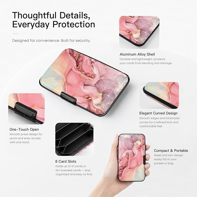 Credit Card Holder RFID Aluminum card case Marble mini Wallet Women Men | ABS Business ID Case,Hard Case Large Capacity 6 Slots, Waterproof Durable ，Secure Closure Slim Small Credit Card Protector