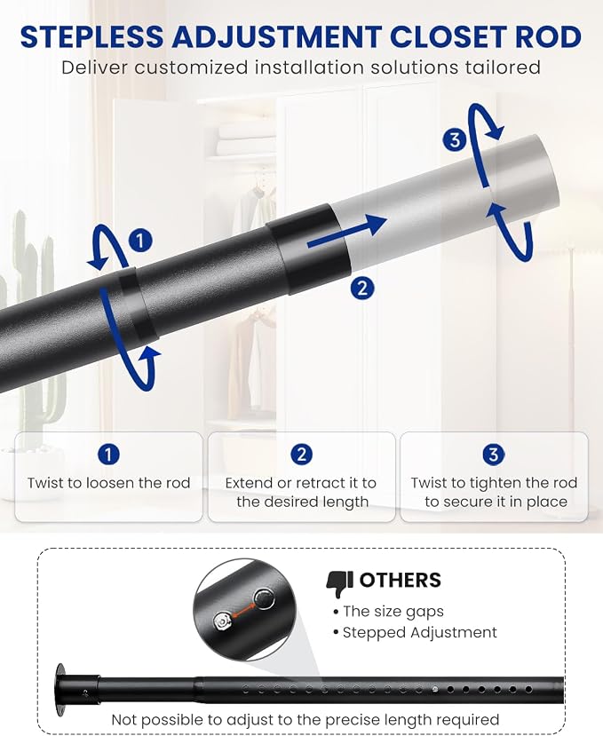 Supforce Adjustable Closet Rod with Triangular Brackets, 17-54in, Black | 1.3in Metal Closet Rod Supports Up To 150 lb, Heavy Duty Rod Reduces Sagging and Mount Securely for Wardrobes Closet Laundry