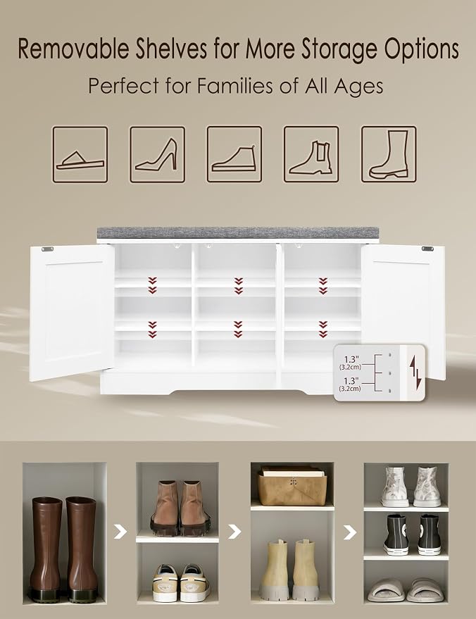 DINZI LVJ Shoe Bench, Entryway Storage Bench with Doors, Cushion, 3-Tier Shoe Rack with 9-Cubby, 39.4" L x 13.8" W Shoe Organizer Cabinet, Fully Adjustable Shelves, Living Room, Bedroom, White